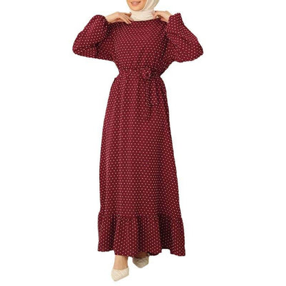 Retro Polka Dot Long Sleeve Ruffled Hem Dress - Price Value Store