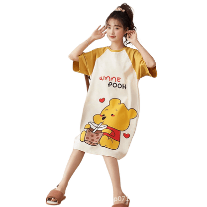 Women's Summer Milk Silk Nightgown, Cartoon Short Sleeve Sleep Dress, Plus Size Pajamas - Price Value Store