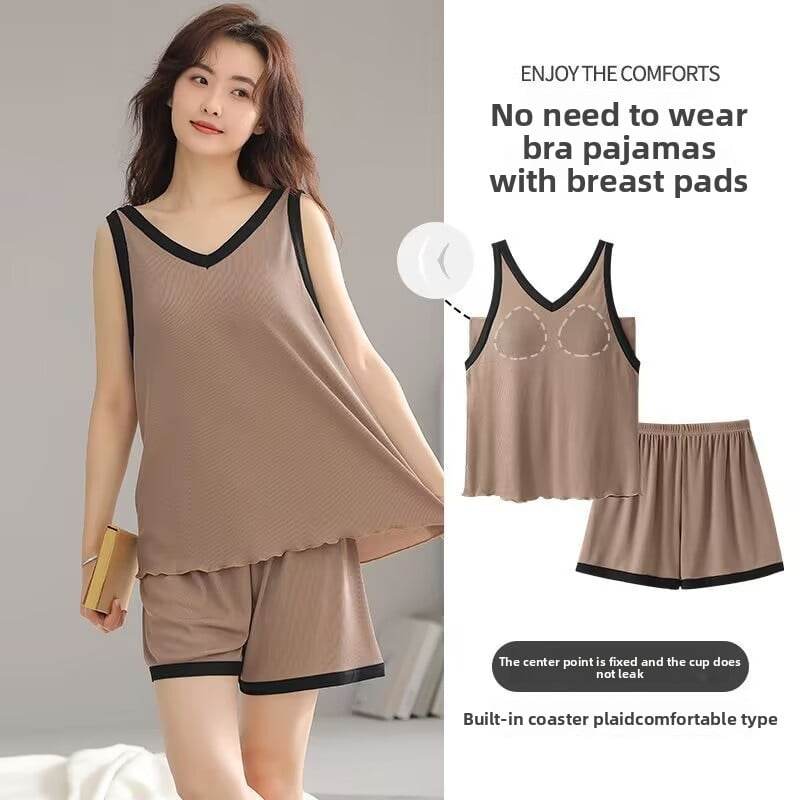 Summer Cool Ice Silk Pajamas Set with Built-in Padding - Price Value Store