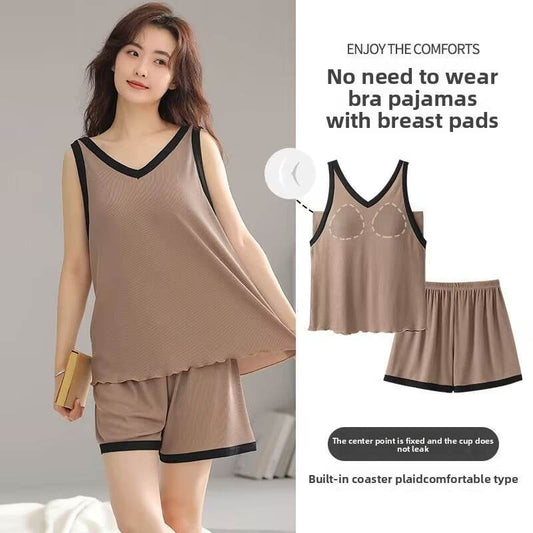 Summer Cool Ice Silk Pajamas Set with Built-in Padding - Price Value Store