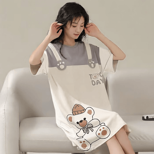 Women's Summer Milk Silk Nightgown, Cartoon Short Sleeve Sleep Dress, Plus Size Pajamas - Price Value Store