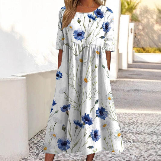 Women's Casual Short Sleeve Printed A-Line Dress with Pocket - Price Value Store