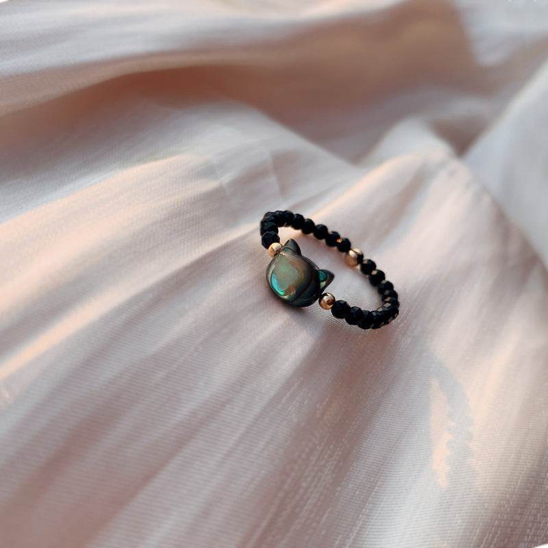 Fashionable Black Spinel Cat Ring with Freshwater Shell - Price Value Store