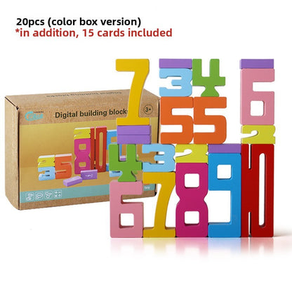 A wooden digital building block stacking toy