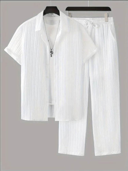 Men's Striped Short Sleeve Shirt and Pants Casual Suit - Price Value Store