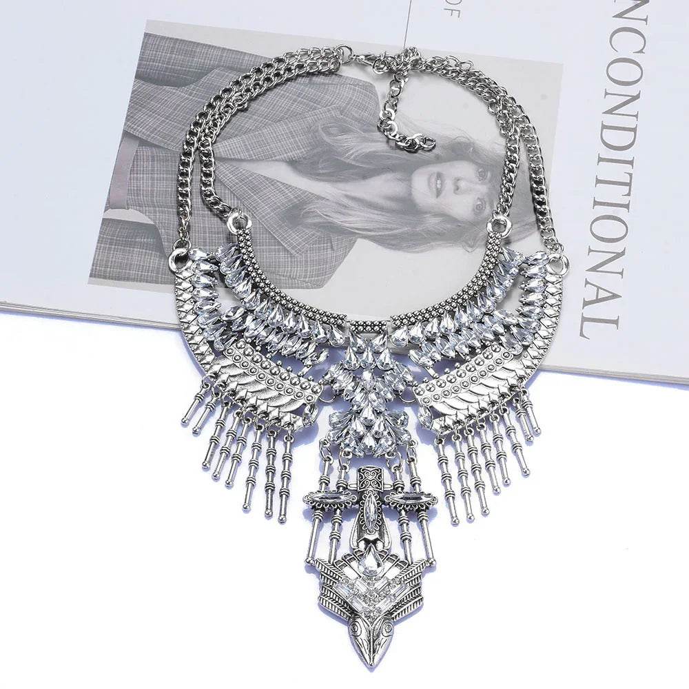 Inlaid antique silver clavicle stick with tasseled necklace - Price Value Store