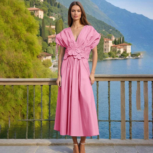French Style Elegant Waisted Dress V-neck Stitching Flower Backless Slim-fit dress Women's Summer - Price Value Store