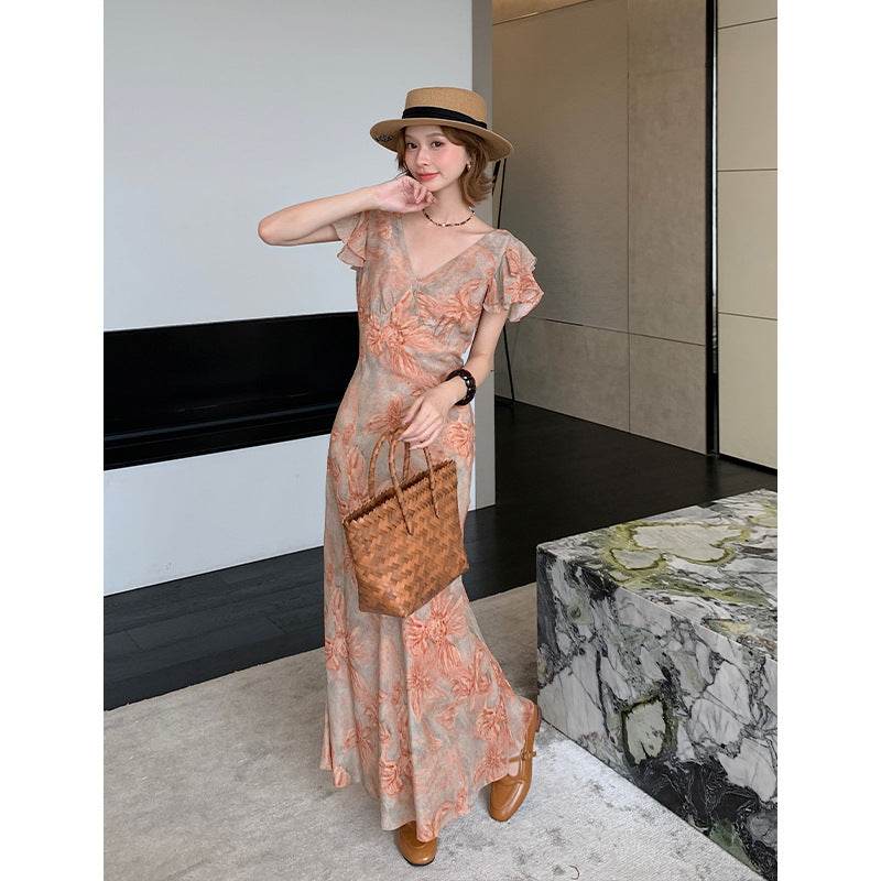 Mulberry Silk Floral French Romantic Dress with Flying Sleeve - Price Value Store