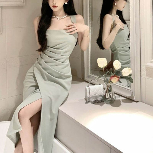 Elegant Satin Bodycon Dress - Summer Square Neck Sleeveless Midi Dress - Price Value Store