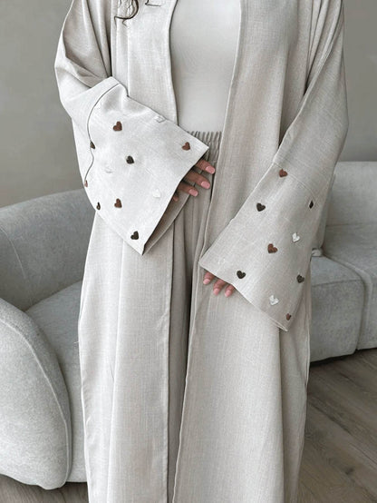 Elegant Linen Long Cardigan with Love Embroidery - Price Value Store