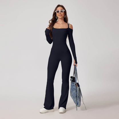 Off-Shoulder Long Sleeve Jumpsuit with Flared Pants - Price Value Store