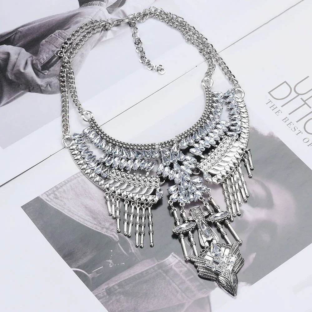 Inlaid antique silver clavicle stick with tasseled necklace - Price Value Store
