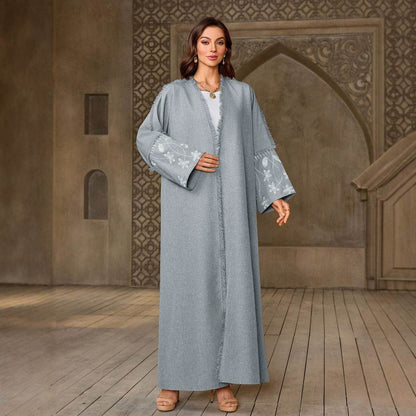 Elegant Flower Embroidered Cardigan Long Dress - Price Value Store
