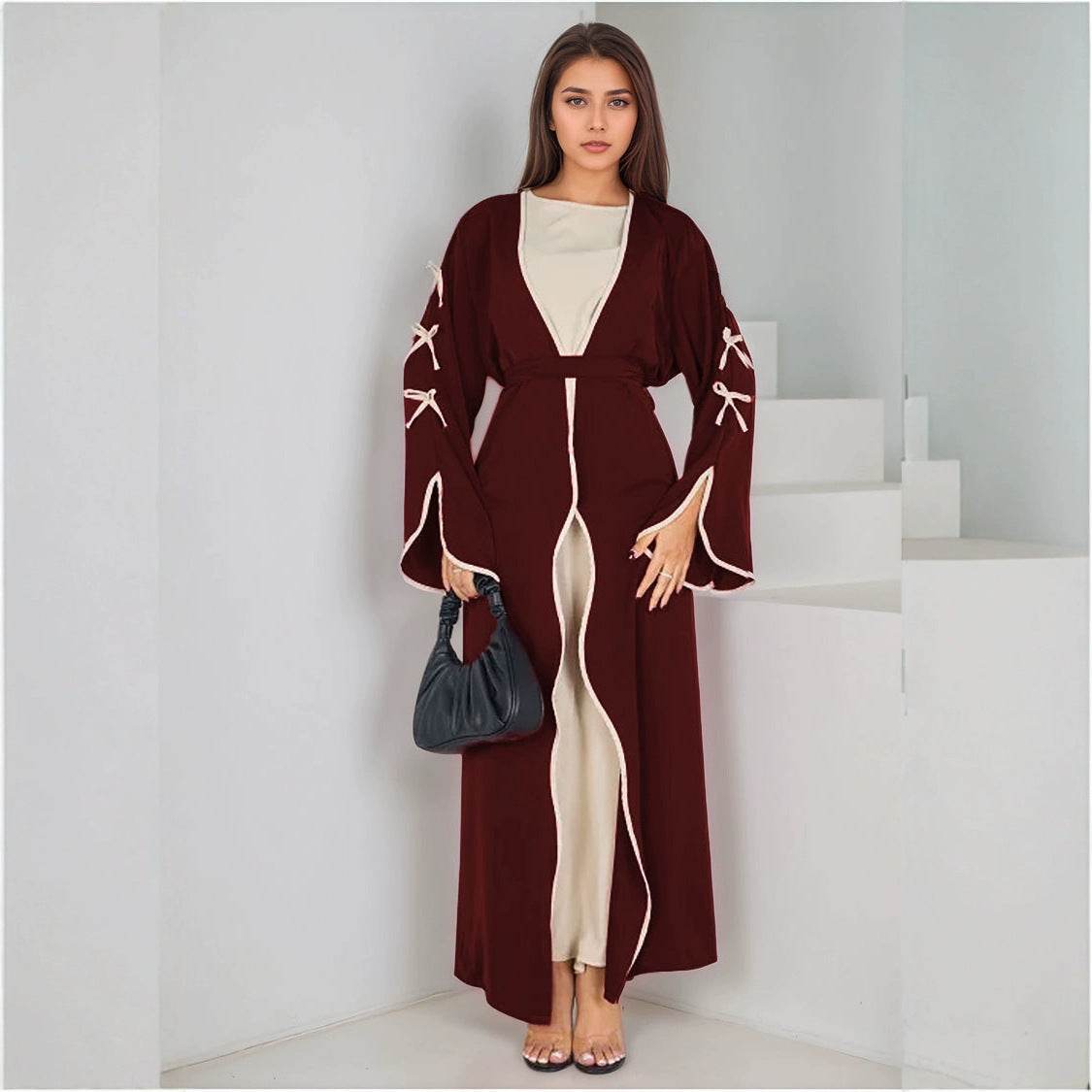 Elegant Muslim Long Robe with Bow Belt - Price Value Store