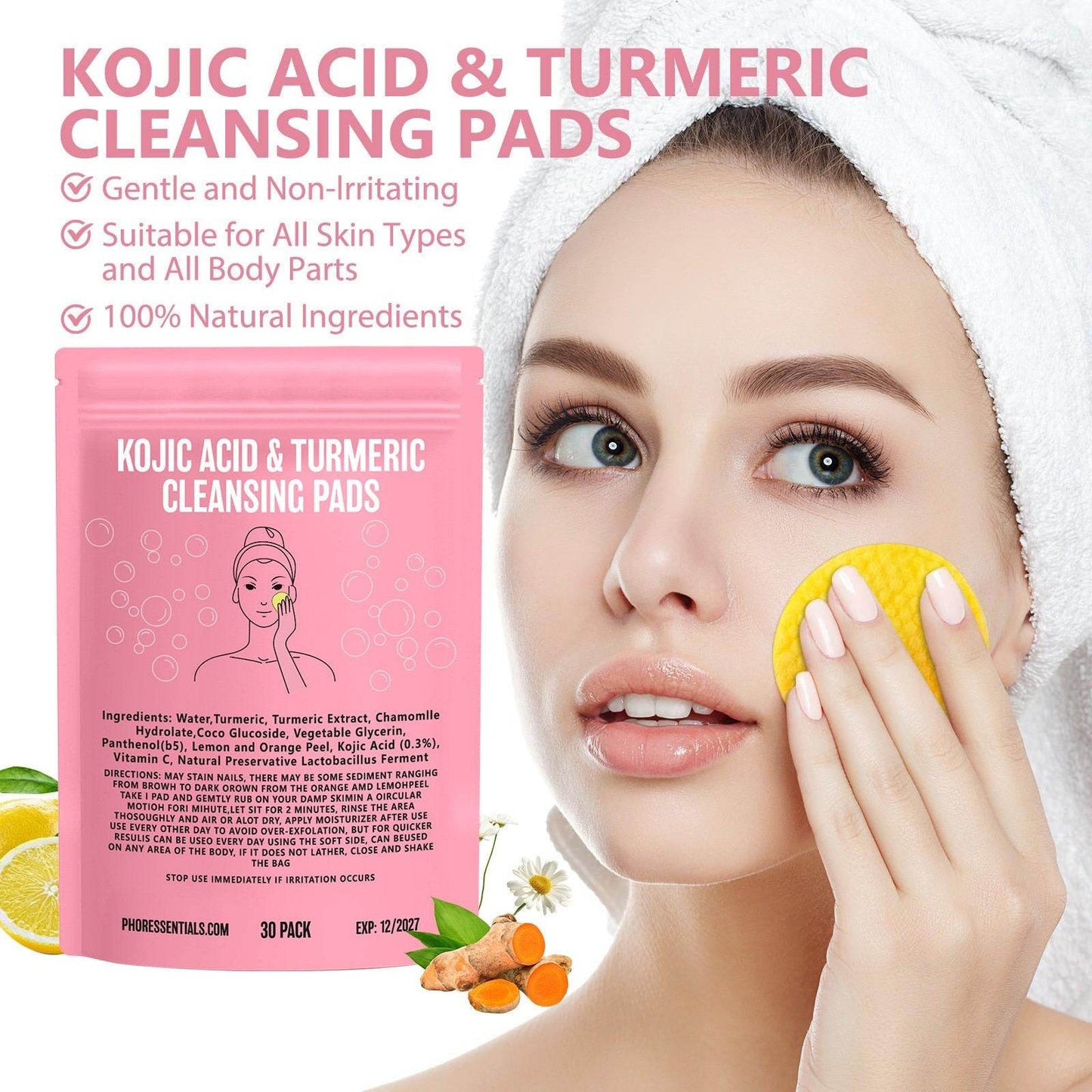 Kojic Acid Cleansing Pore Gentle Not Tight Daily Skin Care Moisturizing and Brightening Facial Turmeric Cleansing Pad - Price Value Store