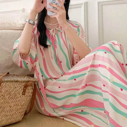 Women's Summer Cotton Silk Nightgown Dress with Belt, Korean Style - Price Value Store