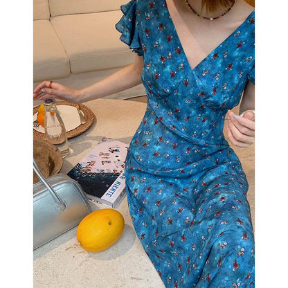 Mulberry Silk Floral French Romantic Dress with Flying Sleeve - Price Value Store
