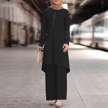 Lace long-sleeved top with wide-leg pants set - Price Value Store