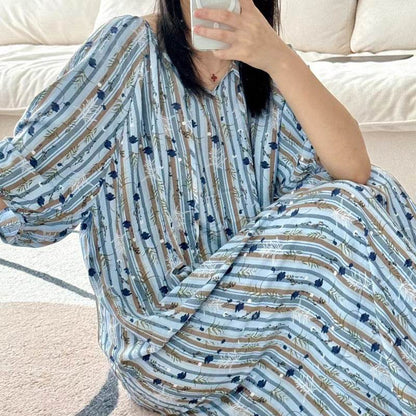 Women's Summer Cotton Silk Nightgown Dress with Belt, Korean Style - Price Value Store