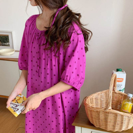 Women's Summer Cotton Silk Nightgown Dress with Belt, Korean Style - Price Value Store