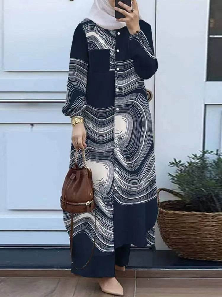 Printed collar shirt and long pants set - Price Value Store