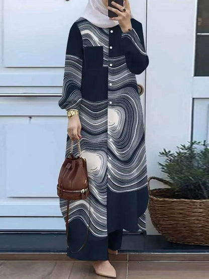 Printed collar shirt and long pants set - Price Value Store