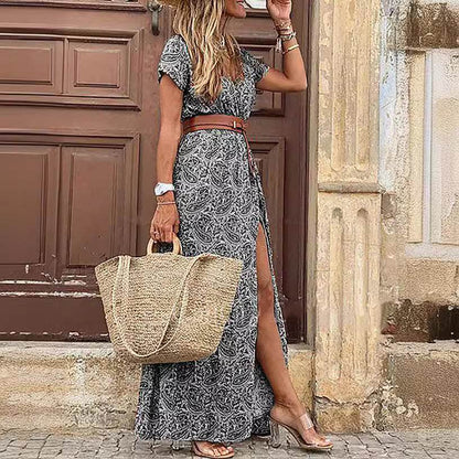 Bohemian Floral Print V-Neck Long Dress - Price Value Store
