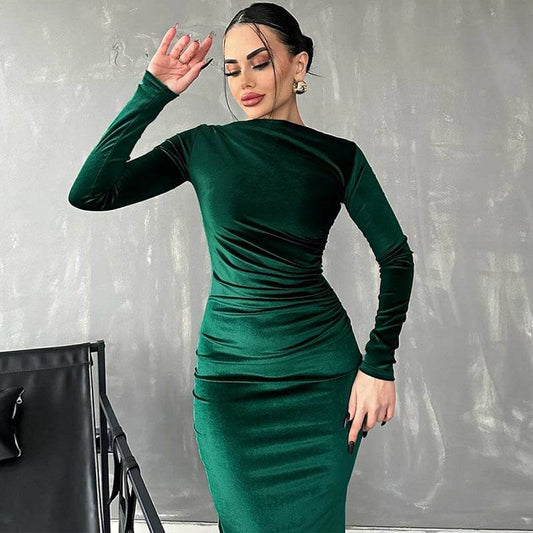 Solid-color fitted pleated round-neck long-sleeved dress - Price Value Store