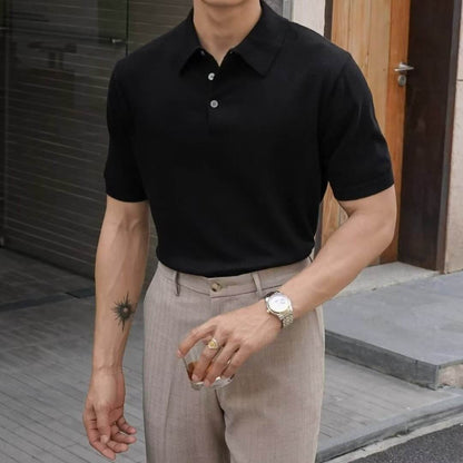 Fashion Casual Lapel Pure Color Polo Shirt Casual Knitted Short-Sleeved Men's Summer New Breathable Trendy Men's T-Shirt - Price Value Store