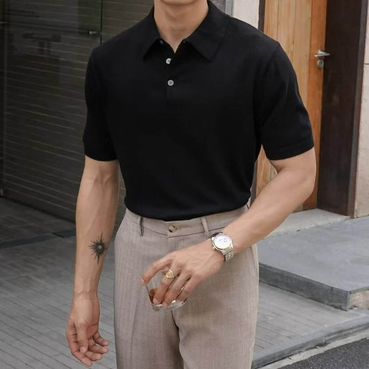 Fashion Casual Lapel Pure Color Polo Shirt Casual Knitted Short-Sleeved Men's Summer New Breathable Trendy Men's T-Shirt - Price Value Store