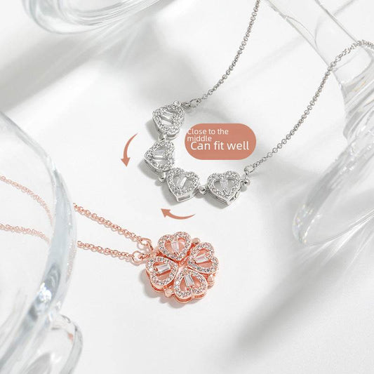 Two-Wearing Love Flower Pendant Heart-to-Heart Niche Design Sense One-Style Multi-Wearing Heart-Shaped Four-leaf Clover Necklace - Price Value Store