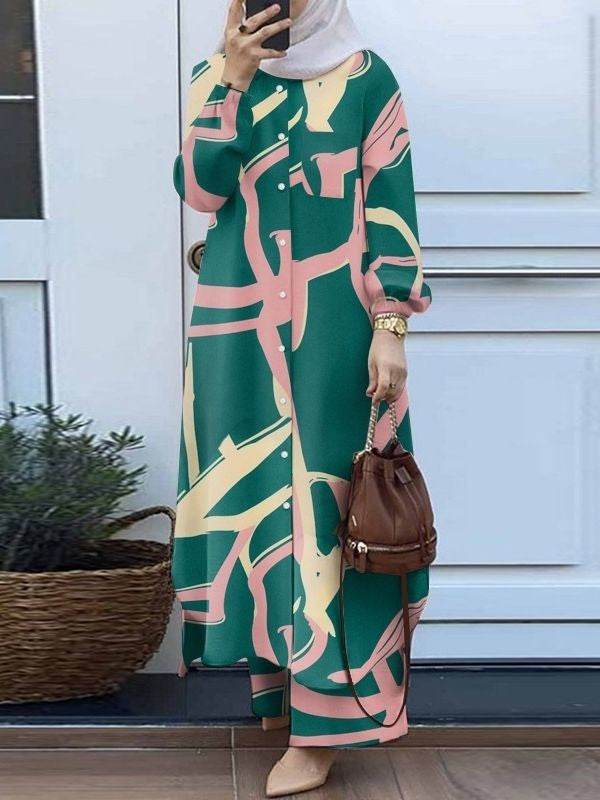 Printed collar shirt and long pants set - Price Value Store