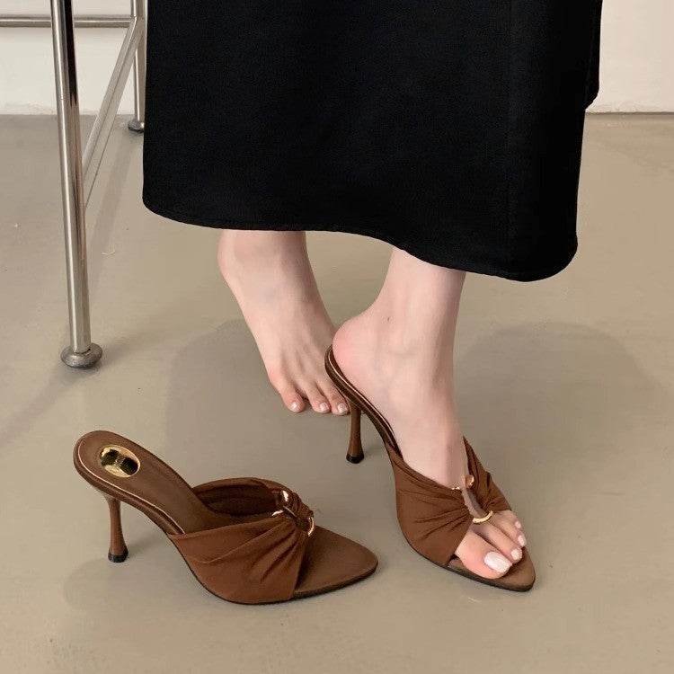 2025 Summer Fashion Open Toe Women's Shoes Royal Sister Fan Pointed Satin Sandals European and American Temperament Metal Buckle High Heels - Price Value Store