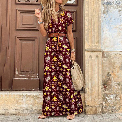 Bohemian Floral Print V-Neck Long Dress - Price Value Store