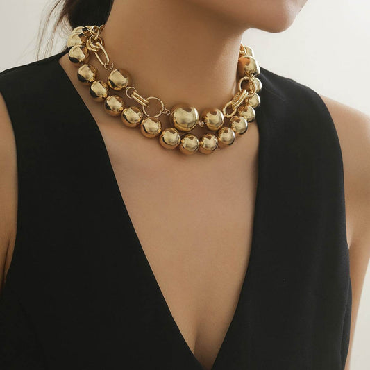European and American Cross-border Jewelry Creative Punk Style Round Bead Double Layer Overlapping Necklace necklace Exaggerated Metal Chain - Price Value Store