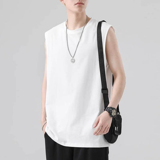 White vest men's spring youth basic loose Hong Kong style sleeveless T-shirt plus size casual bottoming shirt - Price Value Store