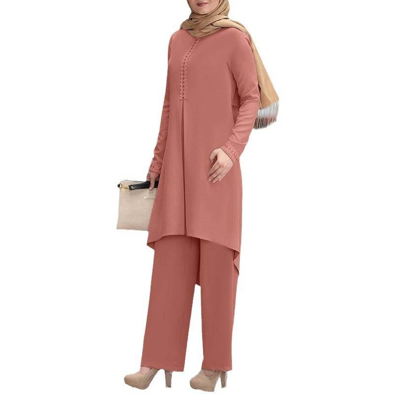 Lace long-sleeved top with wide-leg pants set - Price Value Store