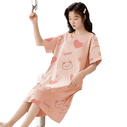 Women's Summer Milk Silk Nightgown, Cartoon Short Sleeve Sleep Dress, Plus Size Pajamas - Price Value Store