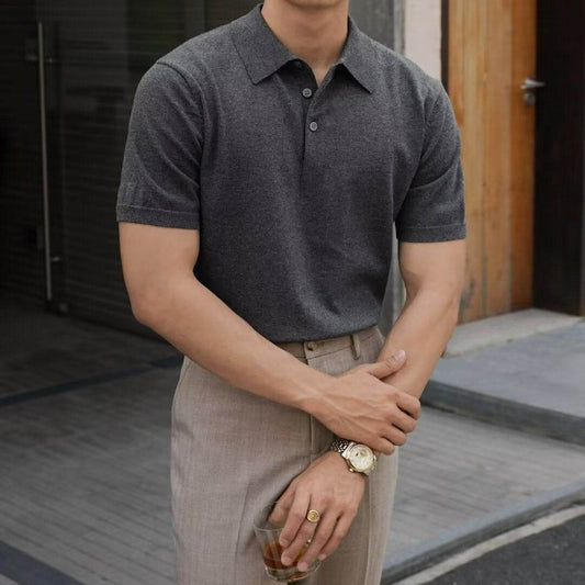 Fashion Casual Lapel Pure Color Polo Shirt Casual Knitted Short-Sleeved Men's Summer New Breathable Trendy Men's T-Shirt - Price Value Store