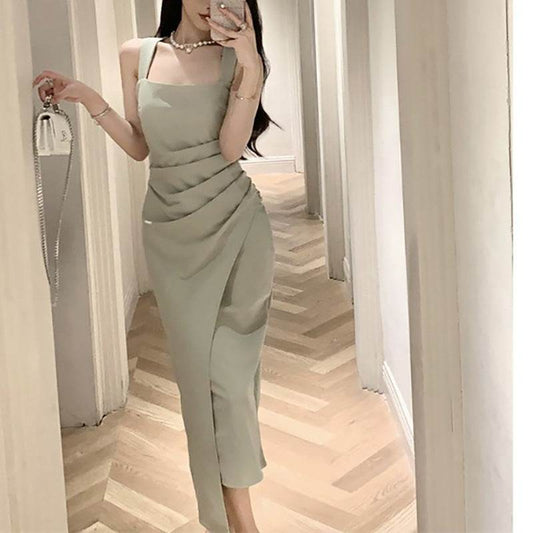 Elegant Satin Bodycon Dress - Summer Square Neck Sleeveless Midi Dress - Price Value Store