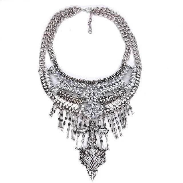 Inlaid antique silver clavicle stick with tasseled necklace - Price Value Store