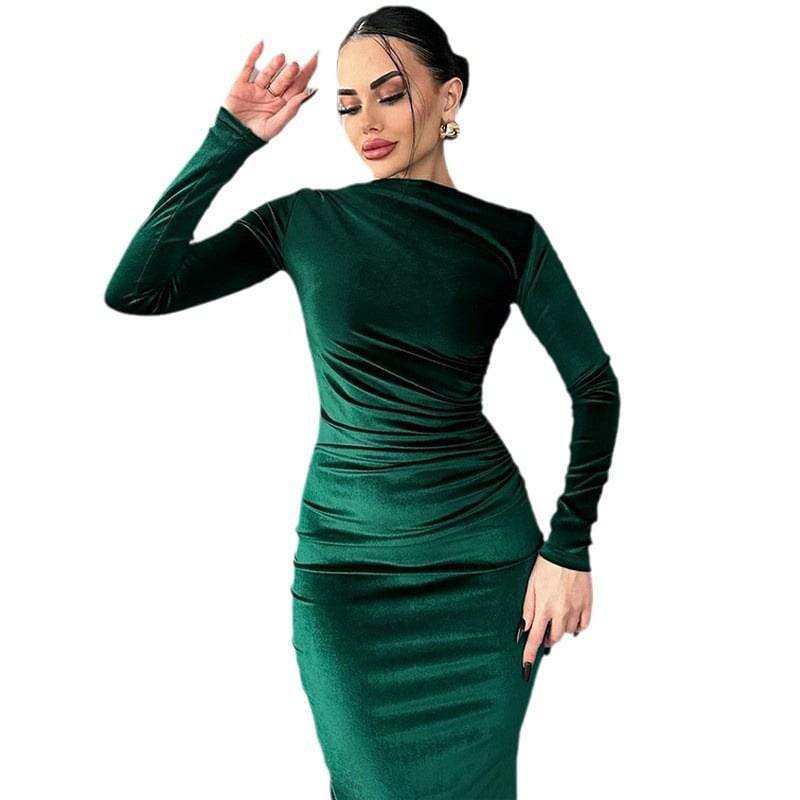 Solid-color fitted pleated round-neck long-sleeved dress - Price Value Store