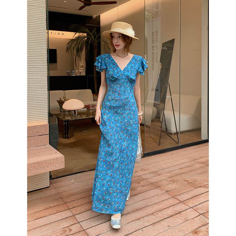 Mulberry Silk Floral French Romantic Dress with Flying Sleeve - Price Value Store